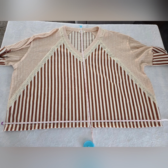 POL Striped V-Neck Top Lace Star Sleeves Balloon Brown Cream Size M NWT - Picture 12 of 12